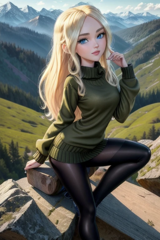 ((Best quality)), ((Masterpiece)), (detailed), (4K quality), (Detailed face:1.2), (Detailed eyes:1.2), (Perfect figure:1.2), absurdres, Dawn_Total_Drama, long blonde hair, bright blue eyes, pale skin, (Wearing: olive green sweater, black shiny tights, blue sneakers:1.2), solo, calm smile, looking at viewer, cowboy shot, cinematic composition, dynamic pose, (Background: Outdoors, overlooking valley, redwood trees, view of the mountains)
