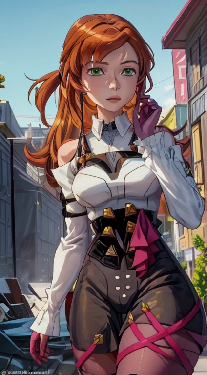 ((Best quality)), ((masterpiece)), (detailed), Portrait of Gwen Tennyson Omniverse. She is a young anime girl with vibrant orange hair and striking green eyes, wearing an off-shoulder gray sweater and a blue skirt. The artwork features a soft anime CG art style, capturing her cute and youthful appearance. She has a beautiful smile that exudes warmth and friendliness. The visual emphasizes her anime moe art style, presenting her as a charming and pretty anime girl. This highly detailed and high-quality portrait showcases her as an animated female character, focusing on her expressive face and delicate features. The background is subtle, ensuring that all attention remains on her captivating anime character design.