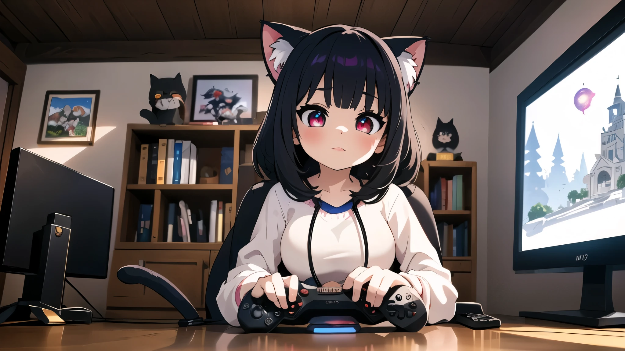 (junkotvv, pelo negro, flequillo, ((orejas de gato)), ojos rojos), in the foreground a villager is using a gaming computadora inside a peasant house,campesinos vistiendo ropa renacentista,Estilo Dur3r,(gaming computadora monitor, teclado (computadora), cables, juegos rgb),caballos,castillo en la distancia,(orejas de gato)