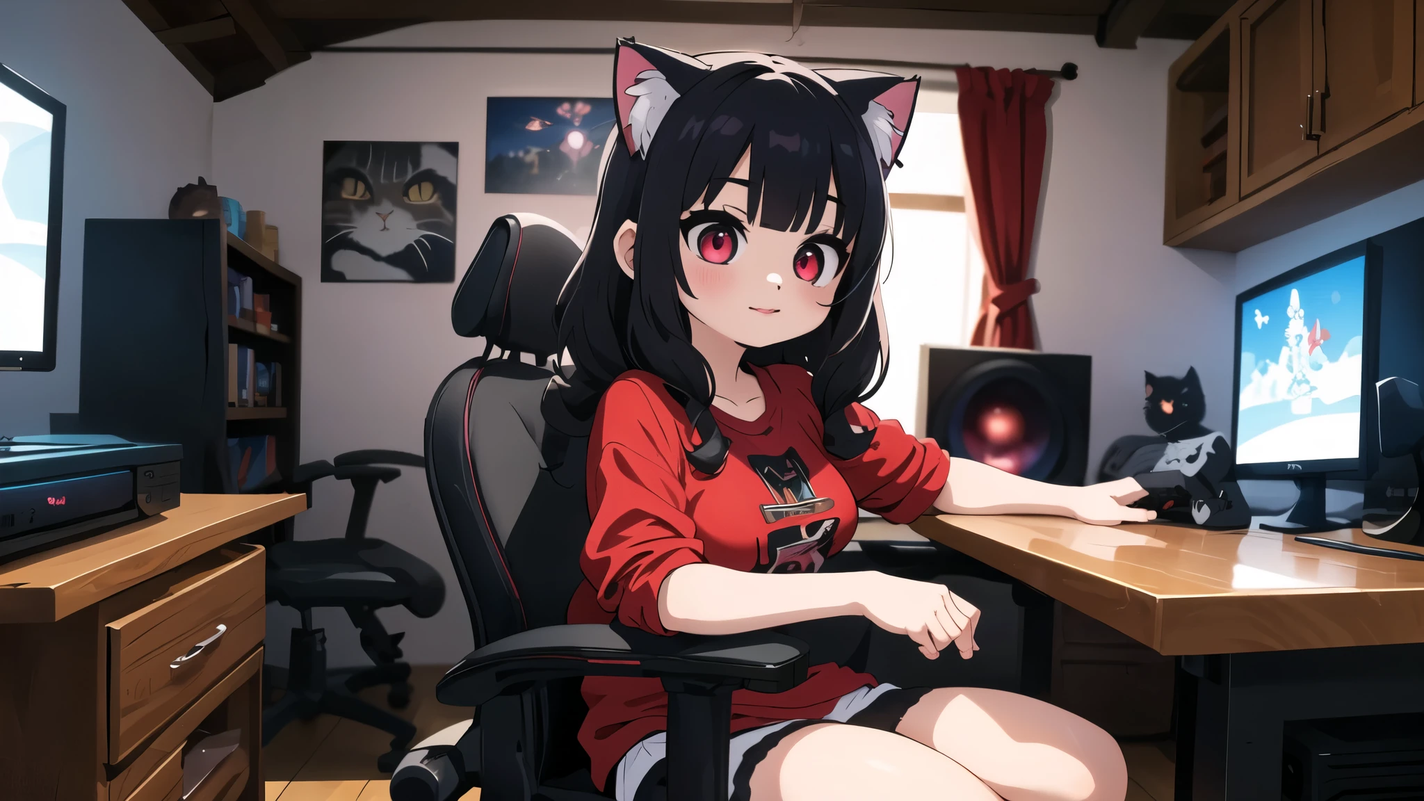 (junkotvv, pelo negro, flequillo, ((orejas de gato)), ojos rojos), in the foreground a villager is using a gaming computadora inside a peasant house,campesinos vistiendo ropa renacentista,Estilo Dur3r,(gaming computadora monitor, teclado (computadora), cables, juegos rgb),caballos,castillo en la distancia,(orejas de gato)