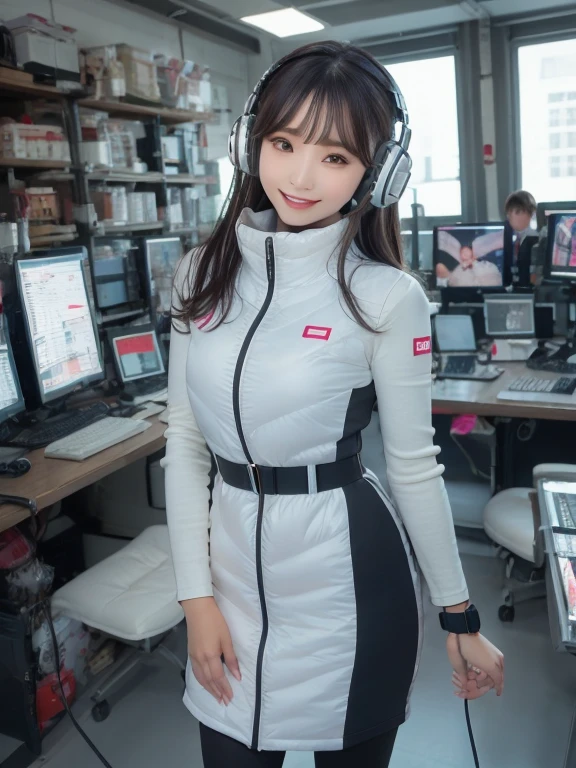 masterpiece, highest quality, Very detailed, 8K Portrait,Japanese Android Girl,plump , Control panel,Robotic arms and legs, Blunt bangs,,break (Metallic Gray, Metallic luster, Mirror finish, Astro Best):5,headphone:5,break (Black sleeves):100,Smart Watches,Futuristic space station,Control Room,break headphone,blue eyes,(Black Hair):2,(Long Hair):1.3,View the viewer,(respirator),break blush:3,Hidden Hand,smile