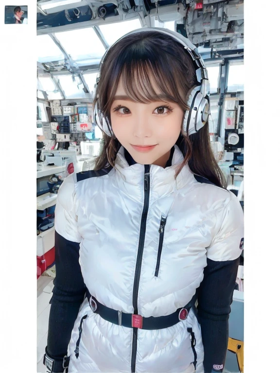 masterpiece, highest quality, Very detailed, 8K Portrait,Japanese Android Girl,plump , Control panel,Robotic arms and legs, Blunt bangs,,break (Metallic Gray, Metallic luster, Mirror finish, Astro Best):5,headphone:5,break (Black sleeves):100,Smart Watches,Futuristic space station,Control Room,break headphone,blue eyes,(Black Hair):2,(Long Hair):1.3,View the viewer,(respirator),break blush:3,Hidden Hand,smile