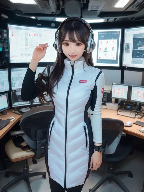 masterpiece, highest quality, Very detailed, 8K Portrait,Japanese Android Girl,plump , Control panel,Robotic arms and legs, Blunt bangs,,break (Metallic Gray, Metallic luster, Mirror finish, Astro Best):5,headphone:5,break (Black sleeves):100,Smart Watches,Futuristic space station,Control Room,break headphone,blue eyes,(Black Hair):2,(Long Hair):1.3,View the viewer,(respirator),break blush:3,Hidden Hand,smile