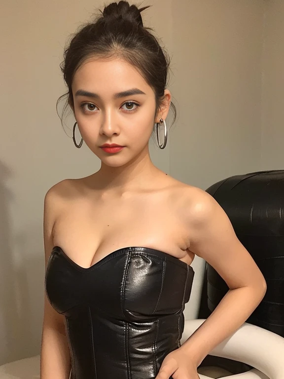 ((midynight, 16K, tmasterpiece:1. Perfect body waist up pose ,ultra hot sexy young Indian model women , 25 year's old). (nice breasts). damp , cleavage ,full waist up pose , upper knees pose ,ultra-detailed face, highly detailed lips, detailed eyes, double eyelid. ((Make-up face. Orange lipstick)), black Messy Bun hair ,
((Strapless tube mini dress). Also show your ears. In front of the camera, anatomically correct , perfect sexy figure , damp , cleavage