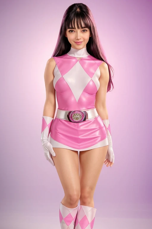 1 cute woman, 25 year old , (long dark hair with cute fringe),(PinkRanger), ripped clothes, topless, (solo) (tight magenta bodysuit), (mini skirt), pink leggings, white belt, white gloves with pink diamond design, (white boots with pink diamond design), (small breasts), smiling at the viewer,( sunny tokyo background:1.2), vibrant colors