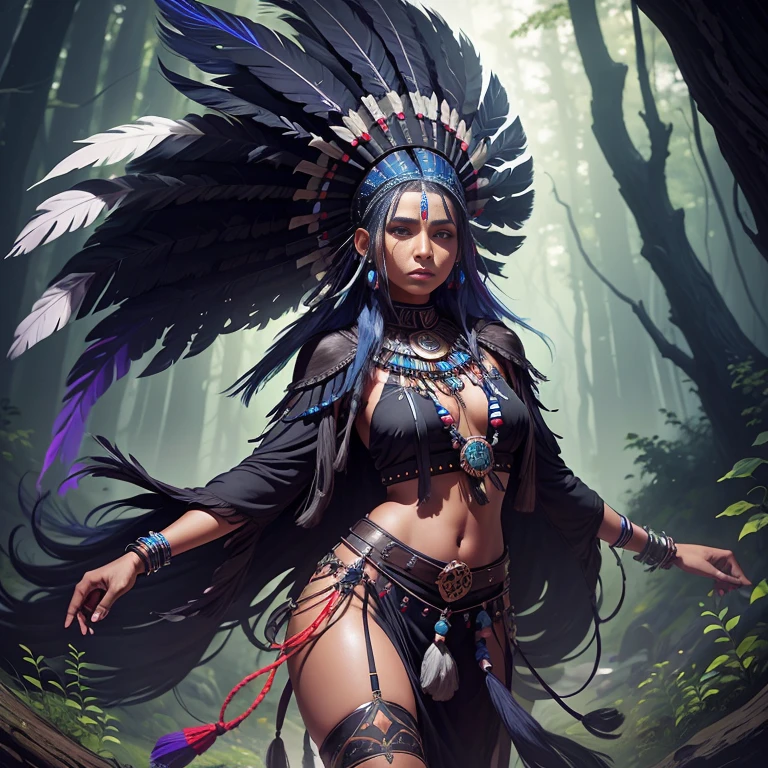 A dark skin blue hair native American shaman lady wearing a black tunic, wearing a black feathered hat, feathered colorful dress, forest background, dynamic pose