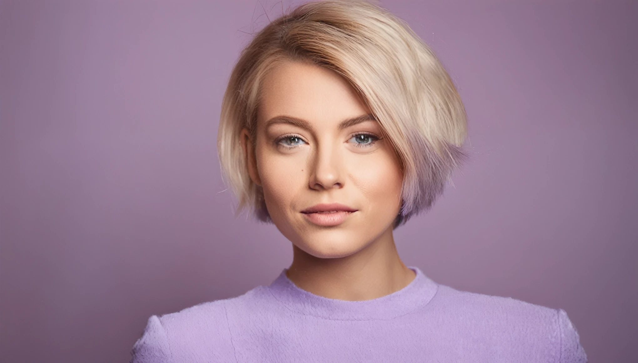 girl with short blond hair, portrait, Lavender , lilac background