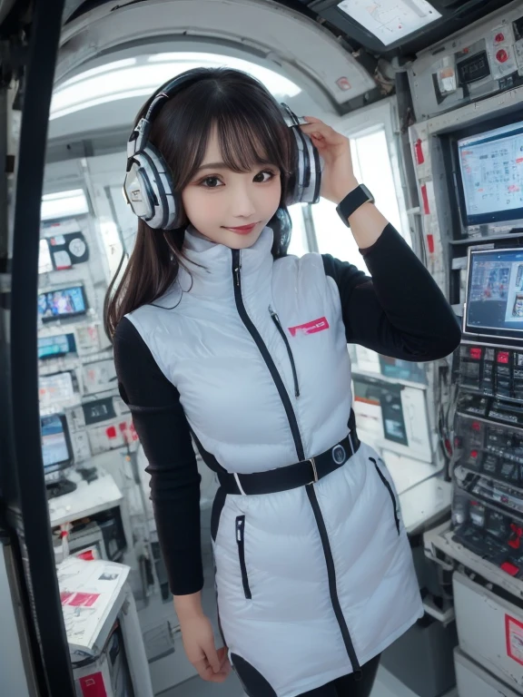 masterpiece, highest quality, Very detailed, 8K Portrait,Japanese Android Girl,plump , Control panel,Robotic arms and legs, Blunt bangs,,break (Metallic Gray, Metallic luster, Mirror finish, Astro Best):5,headphone:5,break (Black sleeves):100,Smart Watches,Futuristic space station,Control Room,break headphone,blue eyes,(Black Hair):2,(Long Hair):1.3,View the viewer,(respirator),break blush:3,Hidden Hand,smile