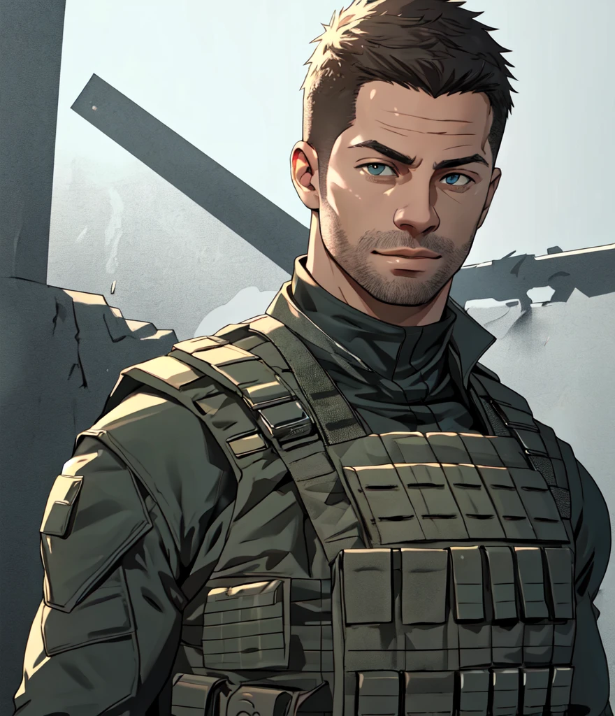 1military muscular man age 35 happy face bulletproof vest, lineart, cel shading, best quality, 4k, 8k, highres, masterpiece, ultra-detailed, realistic, photorealistic, photo-realistic, sharp focus, vivid colors, professional