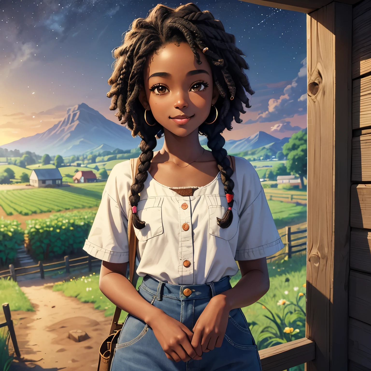 masterpiece, best quality), deep ebony 1girl, beautiful face, short Afro braids , cute, , beautify, Lofi vibe,, cute night vibe, concentrated, hands outside of the picture, farm, countryside vibe , cowgirl clothing, cute look, clothing is dry and baggy, small breasts, teen vibe, cute smile, Stardew valley vibe