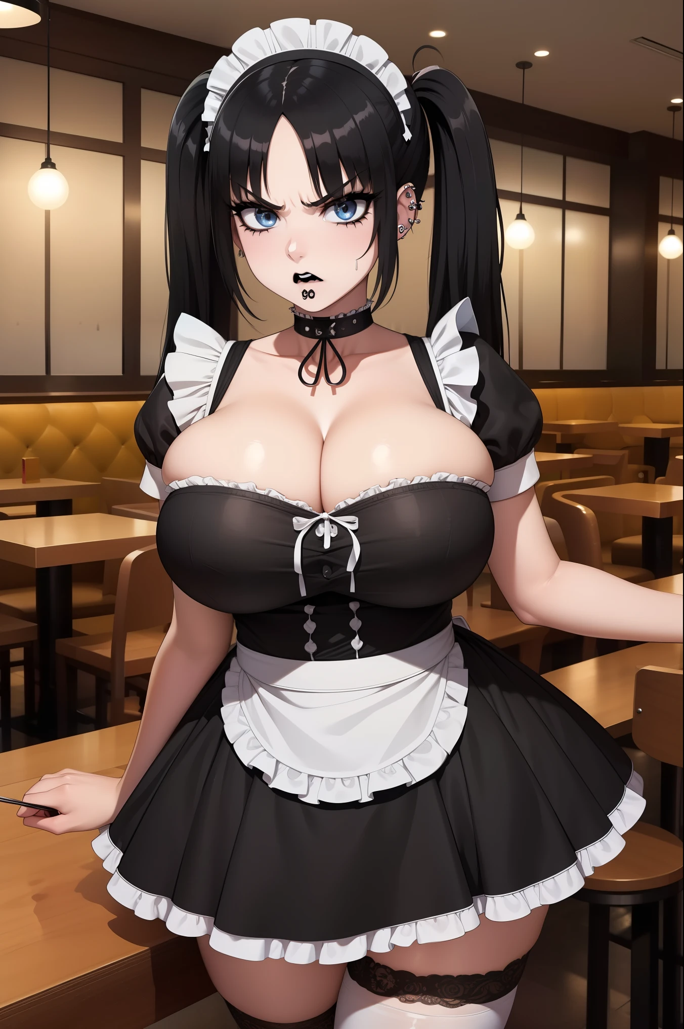 (masterpiece, best quality:1.4), illustration, 8k, hd, 1girl, solo, twin tails_hair, black_hair, dress, black_thighhighs, no underwear, short_sleeves, frills, apron, grey_eyes, cleavage, metal_collar, anchor_choker, maid, white maid, ((big breast, goth girl, piercing, black lips, black eyelashes, sarcastic, angry)), (restaurant, maid cafe)