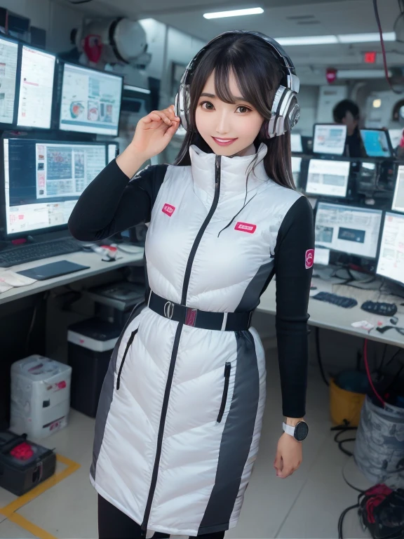 masterpiece, highest quality, Very detailed, 8K Portrait,Japanese Android Girl,plump , Control panel,Robotic arms and legs, Blunt bangs,,break (Metallic Gray, Metallic luster, Mirror finish, Astro Best):5,headphone:5,break (Black sleeves):100,Smart Watches,Futuristic space station,Control Room,break headphone,blue eyes,(Black Hair):2,(Long Hair):1.3,View the viewer,(respirator),break blush:3,Hidden Hand,smile