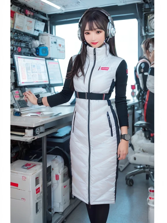 masterpiece, highest quality, Very detailed, 8K Portrait,Japanese Android Girl,plump , Control panel,Robotic arms and legs, Blunt bangs,,break (Metallic Gray, Metallic luster, Mirror finish, Astro Best):5,headphone:5,break (Black sleeves):100,Smart Watches,Futuristic space station,Control Room,break headphone,blue eyes,(Black Hair):2,(Long Hair):1.3,View the viewer,(respirator),break blush:3,Hidden Hand,smile