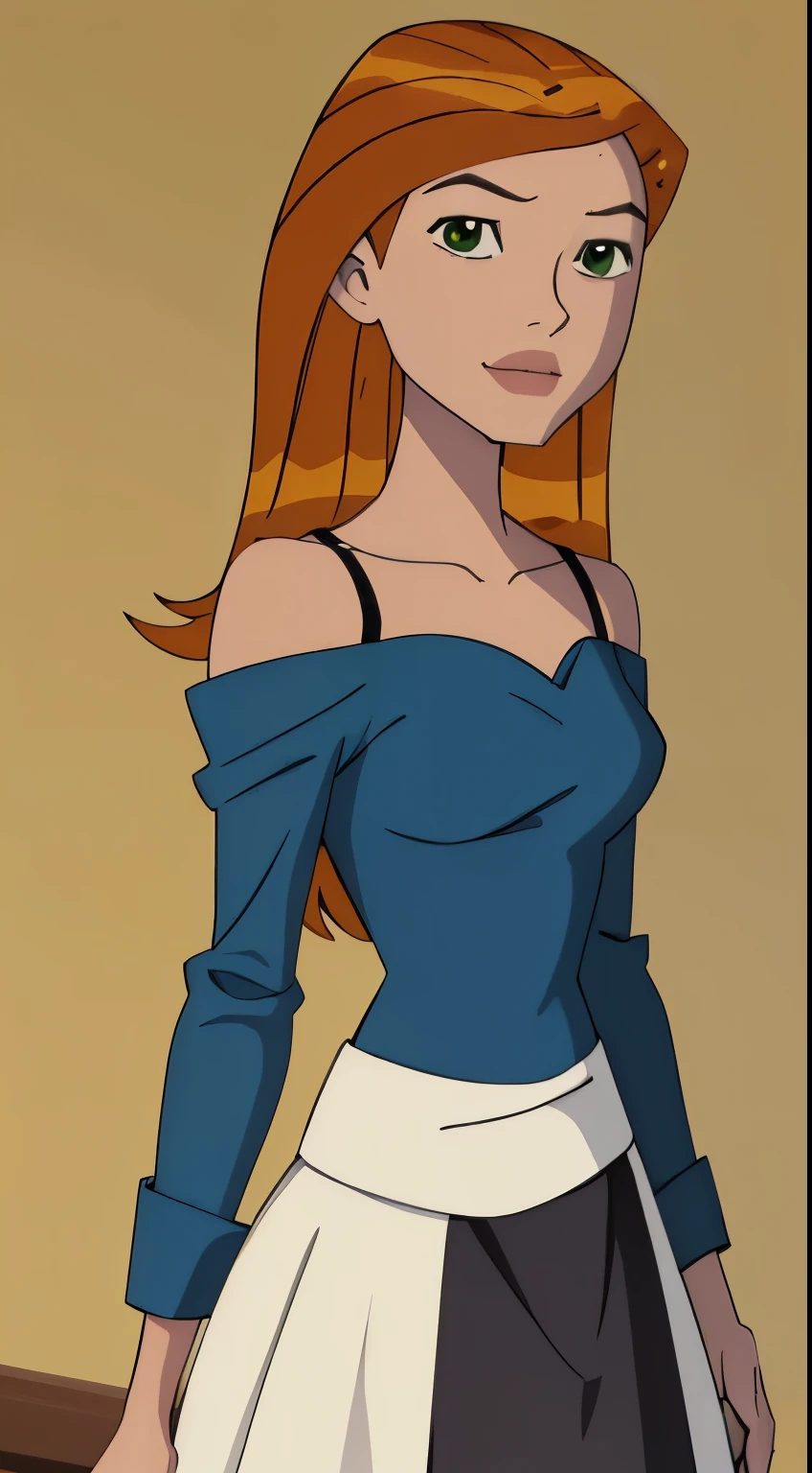 ((mejor calidad)), ((obra maestra)), (detallado), gwen tennyson, 1 chica, off shoulder sweater, chica anime with orange hair and gray shirt and azul skirt, visual anime de una linda chica, arte suave de anime CG, cute chica anime, young chica anime, an chica anime, personaje femenino animado, (chica anime), pretty chica anime, Arte de personajes de anime., personaje animado, chica anime, chica anime portrait, estilo de arte anime moe, best chica anime ( hermosa sonrisa) (pelo naranja) (ojos verdes)