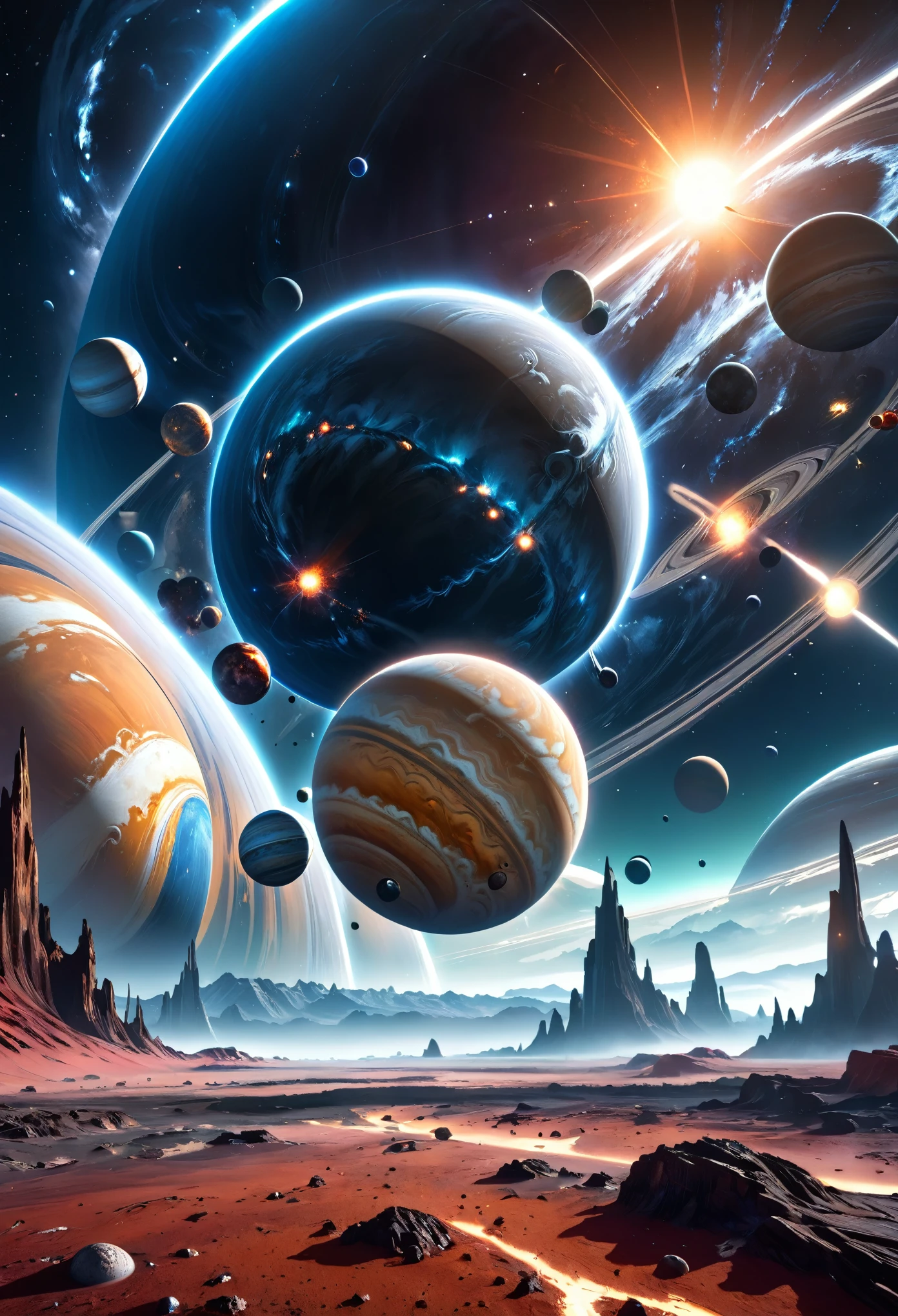a stunning space scene, giant planets, detailed galaxies, shining stars, sci-fi, cinematic lighting, dramatic atmosphere, rich colors, 8k, high resolution, hyper detailed, intricate details, photorealistic, spectacular, awe-inspiring, masterpiece