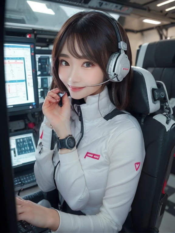 masterpiece, highest quality, Very detailed, 8K Portrait,Japanese Android Girl,plump , Control panel,Robotic arms and legs, Blunt bangs,,break (Metallic Gray, Metallic luster, Mirror finish, Astro Best):5,headphone:5,break (Black sleeves):100,Smart Watches,Futuristic space station,Control Room,break headphone,blue eyes,(Black Hair):2,(Long Hair):1.3,View the viewer,(respirator),break blush:3,Hidden Hand,smile
