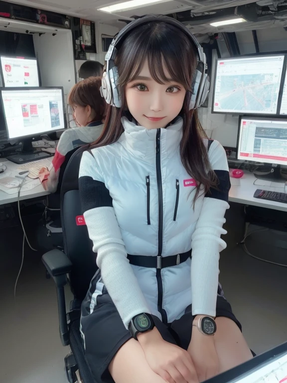 masterpiece, highest quality, Very detailed, 8K Portrait,Japanese Android Girl,plump , Control panel,Robotic arms and legs, Blunt bangs,,break (Metallic Gray, Metallic luster, Mirror finish, Astro Best):5,headphone:5,break (Black sleeves):100,Smart Watches,Futuristic space station,Control Room,break headphone,blue eyes,(Black Hair):2,(Long Hair):1.3,View the viewer,(respirator),break blush:3,Hidden Hand,smile