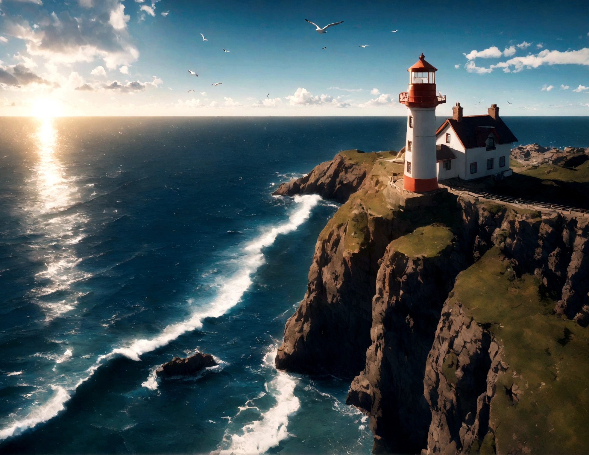 A small lighthouse on the edge of a cliff with a sunny sky and sea and a seagull flying in the foreground.
