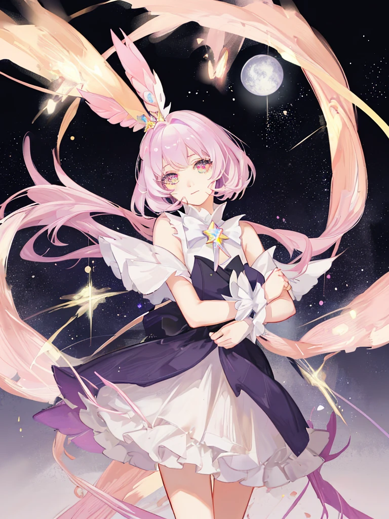 Cute little beauty, sweet colors, glowing, magical girl, stars, galaxy, moon pastel color