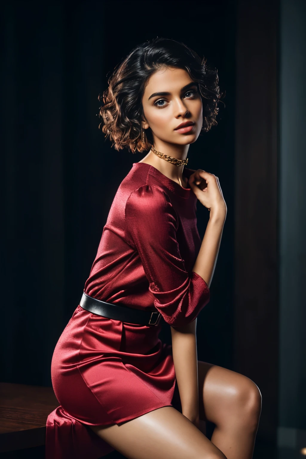 In this photograph, an Indian Instagram female model in her mid-20s takes center stage. , (highly detailed face:1.4) (smile:0.7) (backround 5 star hotel , moody, private study:1.OV, by lee jeffries, nikon d850, film stock photograph ,4 kodak portra 400 ,camera f1.6 lens ,rich colors ,hyper realistic ,lifelike texture, dramatic lighting , cinestill 800, realistic, wearing red pink and black combination dobby weave self design fit & flare dress Sweetheart neck Short, puff sleeve Tie-up detail on back Above knee length in flounce hem Attached Lining Chiffon fabric, actress, karla ortiz, posing!!, candid picture, by Max Dauthendey,Completing the aesthetic, the model wears a slave collar with a chain around her neck. The photograph is meticulously captured in 8K resolution using cutting-edge techniques such as Cinema 4D and Octane Render, resulting in a highly detailed and photorealistic image. Studio lighting, HDR, and a smoky mist create a captivating ambiance, while the bokeh effect adds an artistic touch.