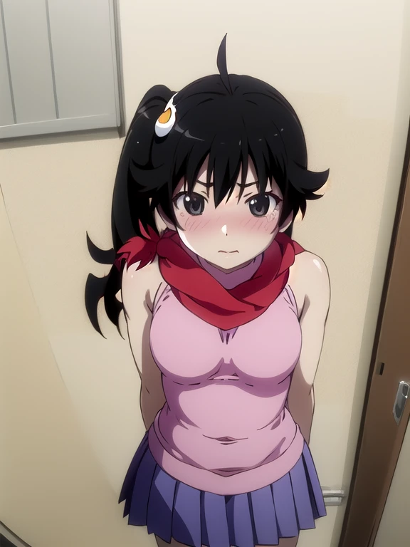 (masterpiece, best quality, detailed), 1girl, solo, araragikaren, long hair, pink sleeveless, medium breasts, ahoge, side ponytail, egg hair ornament, red scarf, skirt, indoors, bathroom, tile wall, nose blush, wide-eyed, closed mouth