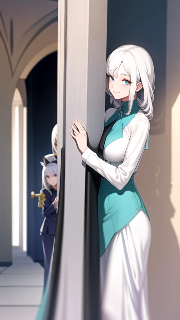quadratic element，Two beautiful girls with white hair，hugs，Four eyes opposite，With a smile，Dressed in a long white dress，