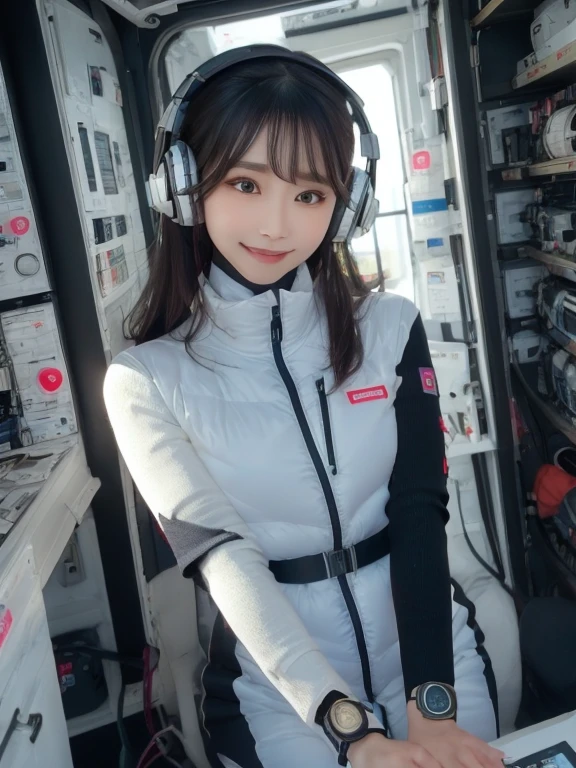 masterpiece, highest quality, Very detailed, 8K Portrait,Japanese Android Girl,plump , Control panel,Robotic arms and legs, Blunt bangs,,break (Metallic Gray, Metallic luster, Mirror finish, Astro Best):5,headphone:5,break (Black sleeves):100,Smart Watches,Futuristic space station,Control Room,break headphone,blue eyes,(Black Hair):2,(Long Hair):1.3,View the viewer,(respirator),break blush:3,Hidden Hand,smile
