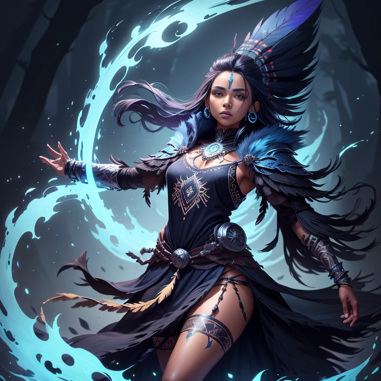 A dark skin blue hair native American shaman lady wearing a black tunic, wearing black featheres, feathered colorful dress, forest background, dynamic pose, dark blue magic
