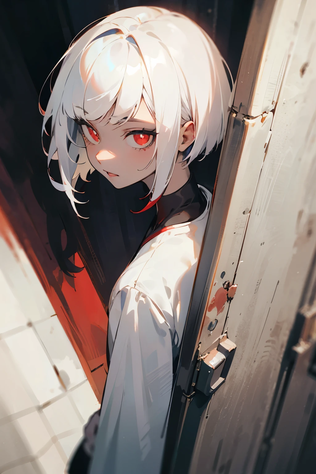 Girl with white hair, short hair, completely dark gray skin, and red pupils, With short hair and side bangs, a vampire