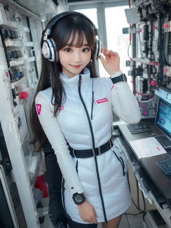 masterpiece, highest quality, Very detailed, 8K Portrait,Japanese Android Girl,plump , Control panel,Robotic arms and legs, Blunt bangs,,break (Metallic Gray, Metallic luster, Mirror finish, Astro Best):5,headphone:5,break (Black sleeves):100,Smart Watches,Futuristic space station,Control Room,break headphone,blue eyes,(Black Hair):2,(Long Hair):1.3,View the viewer,(respirator),break blush:3,Hidden Hand,smile