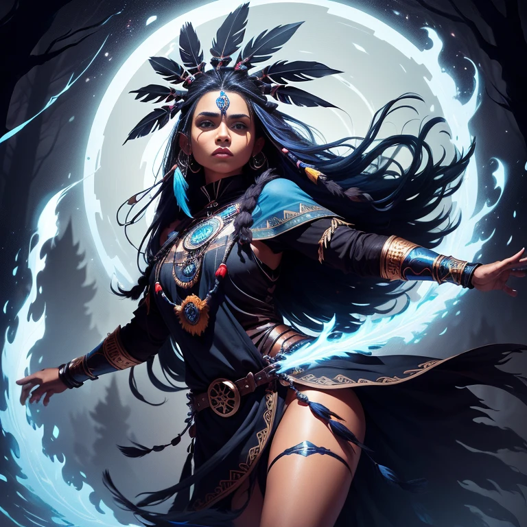 A dark skin blue hair native American shaman lady wearing a black tunic, wearing black featheres, feathered colorful dress, forest background, dynamic pose, dark blue magic