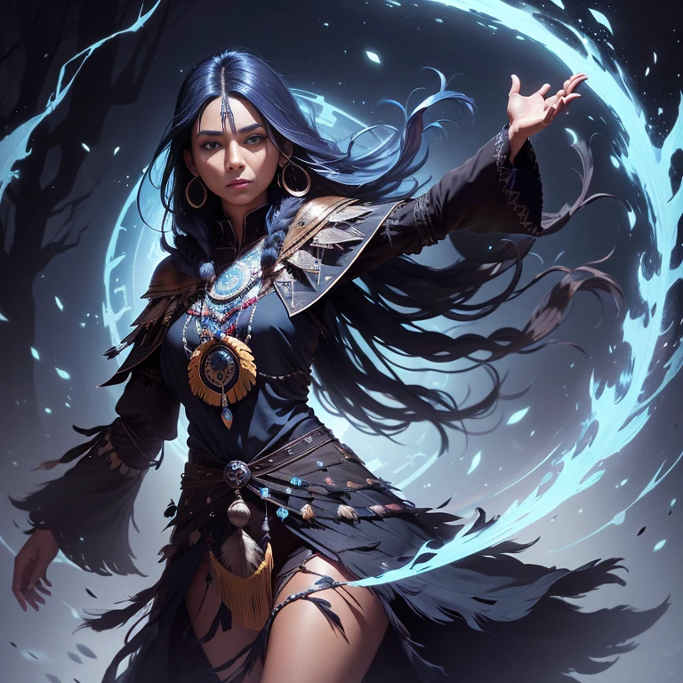 A dark skin blue hair native American shaman lady wearing a black tunic, wearing black featheres, feathered colorful dress, forest background, dynamic pose, dark blue magic