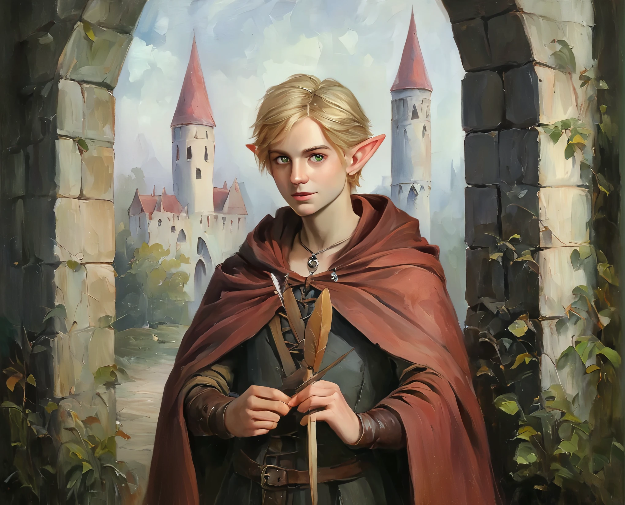 score_9, score_8_up, score_7_up, rating_safe, painterly, faux traditional media, realistic, 1boy, solo, elf, pointy ears, short hair, blonde hair, green eyes, portrait, looking at viewer, cloak, dark red cloak, holding, holding bow and arrow, necklace, cowboy shot, standing, outdoors, castle 