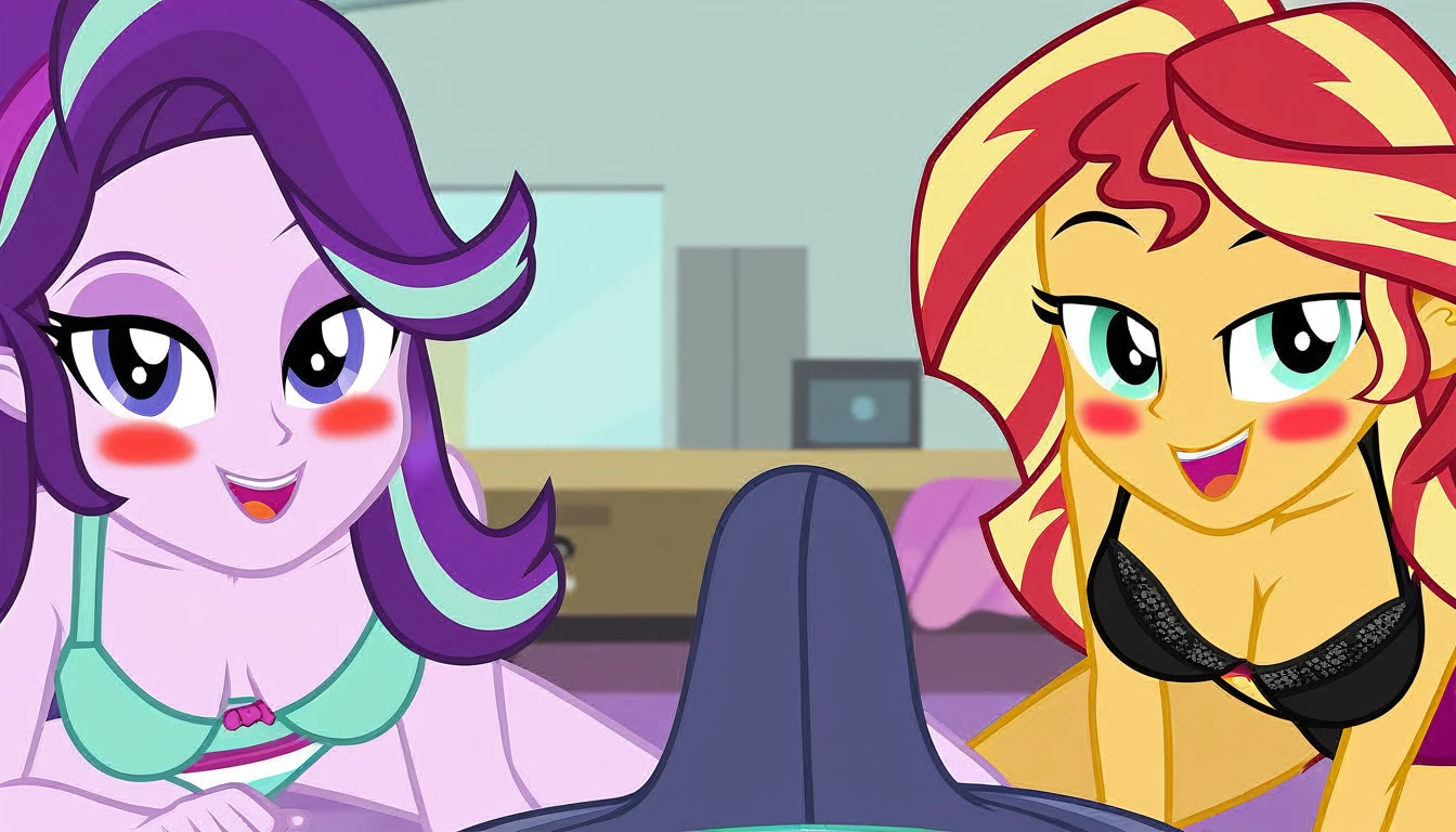 questionable, bulge in briefs, starlight glimmer, sunset shimmer, equestria girls, bedroom eyes, blushing, bra, bunset shimmer, duo focus, erection, female, glimmer glutes, indoors, looking at you, male, male pov, offscreen character, offscreen male, open mouth, open smile, panties, big bulge, male pov, smiling, tenting, thighs, underwear, vector