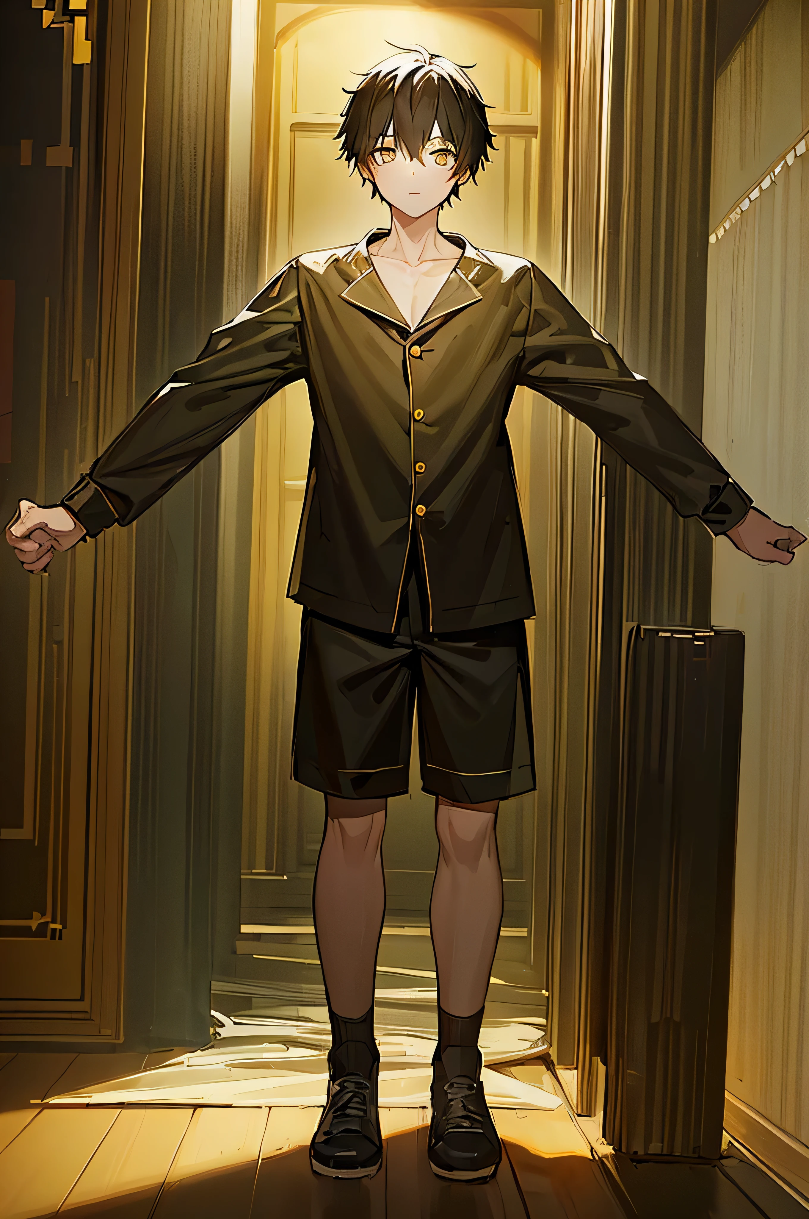 masterpiece, best qaulity, a young boy, black hair, yellow eyes, black pajamas, no background, full body
