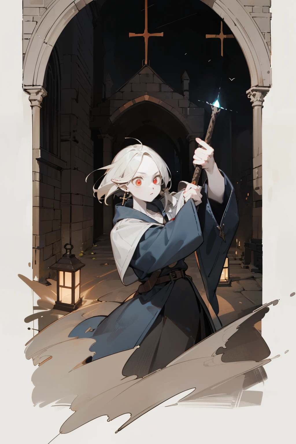 white-haired girl，short term, side bangs, gray skin, Red eyes, cross earring, occultist outfit, dagger in hand, full height, dynamic pose, A Close Look, night, The light from the lantern, against the backdrop of a medieval street and dark gates