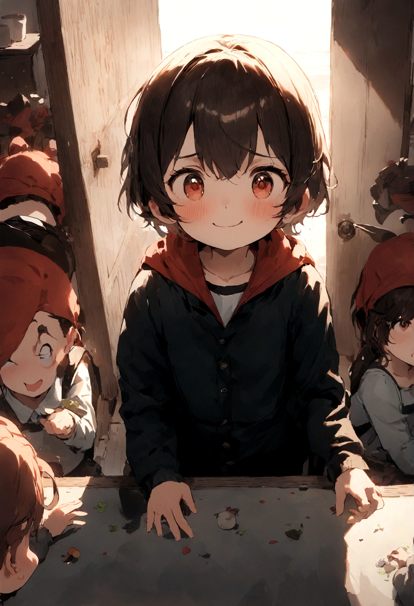 teacher,3 students,Kindergarten students,Play games together in the room,No tables or chairs,CHILDREN'S ILLUSTRATIONS,Pubic area is clean,clear fingers,