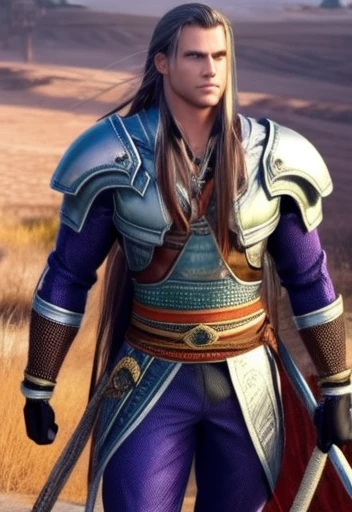 (high-quality, breathtaking),(expressive eyes, perfect face) Symmetrical Eyes, 1 Homem Adulto de idade 36 anos,   strong male indigenous warrior he has an exaggerated long hair gray color eyes purple color, ele tem pinturas tribais no peito e no rosto, he has armor on his tibia, he has armor on his forearm, He wears tight-fitting pants made of green fabric, he has a long indigenous fabric thong, He's gesturing with his hands 