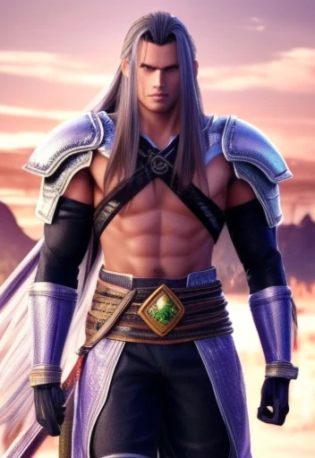 (high-quality, breathtaking),(expressive eyes, perfect face) Symmetrical Eyes, 1 Homem Adulto de idade 36 anos,   strong male indigenous warrior he has an exaggerated long hair gray color eyes purple color, ele tem pinturas tribais no peito e no rosto, he has armor on his tibia, he has armor on his forearm, He wears tight-fitting pants made of green fabric, he has a long indigenous fabric thong, He's gesturing with his hands 