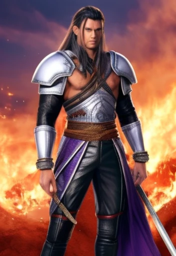 (high-quality, breathtaking),(expressive eyes, perfect face) Symmetrical Eyes, 1 Homem Adulto de idade 36 anos, strong male indigenous warrior he has an exaggerated long hair gray color eyes purple color, ele tem pinturas tribais no peito e no rosto, he has armor on his tibia, he has armor on his forearm, He wears tight-fitting pants made of green fabric, he has a long indigenous fabric thong, He's gesturing with his hands