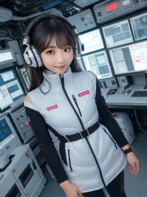 masterpiece, highest quality, Very detailed, 8K Portrait,Japanese Android Girl,plump , Control panel,Robotic arms and legs, Blunt bangs,,break (Metallic Gray, Metallic luster, Mirror finish, Astro Best):5,headphone:5,break (Black sleeves):100,Smart Watches,Futuristic space station,Control Room,break headphone,blue eyes,(Black Hair):2,(Long Hair):1.3,View the viewer,(respirator),break blush:3,Hidden Hand,smile