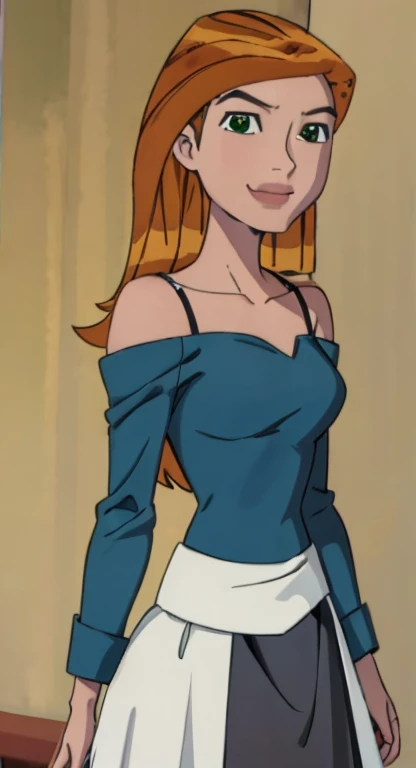((mejor calidad)), ((obra maestra)), (detallado), gwen tennyson, 1 chica, off shoulder sweater, chica anime with orange hair and gray shirt and azul skirt, visual anime de una linda chica, arte suave de anime CG, cute chica anime, young chica anime, an chica anime, personaje femenino animado, (chica anime), pretty chica anime, Arte de personajes de anime., personaje animado, chica anime, chica anime portrait, estilo de arte anime moe, best chica anime ( hermosa sonrisa) (pelo naranja) (ojos verdes)