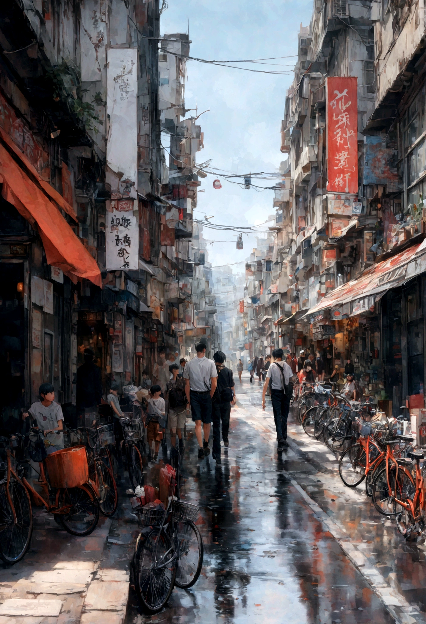 Photo cafe, wet street, building, busy street, cycle, garbage, nostalgia, ultra quality, hyper detailed, dialogue between friends in Chinese