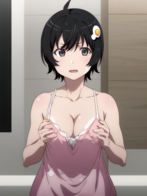 One girl, alone,
araragitsukihi, short hair,
hair ornaments, Ahoge, egg hair ornaments, trainer, Cleavage, anger, Upper Body Shot,
 