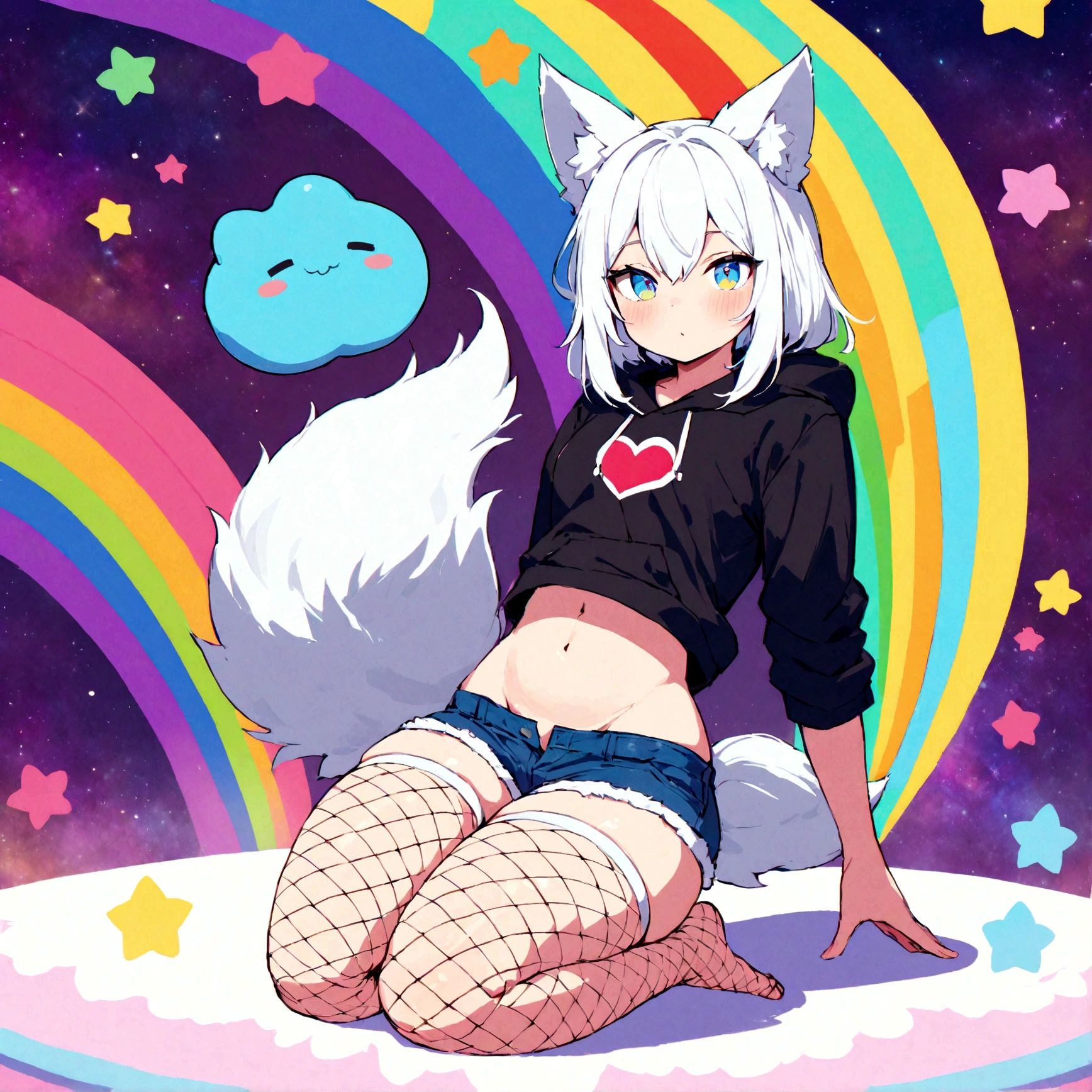 a cute adult male with wolf ears, white hair, has a wolf tail, wearing a loose cropped oversized black hoodie, wearing a pair of denim short shorts and fishnet stockings, thick thighs, wide ????, relaxing on mound of fluffy multi colored kawaii plushies, short, very slim, showing slender tummy, stretching out, heart on hoodie, squishy thighs, has glowing blue eyes. alone, solo (ALONE)(SOLO), surrounded by rainbows, colorful galaxy backround