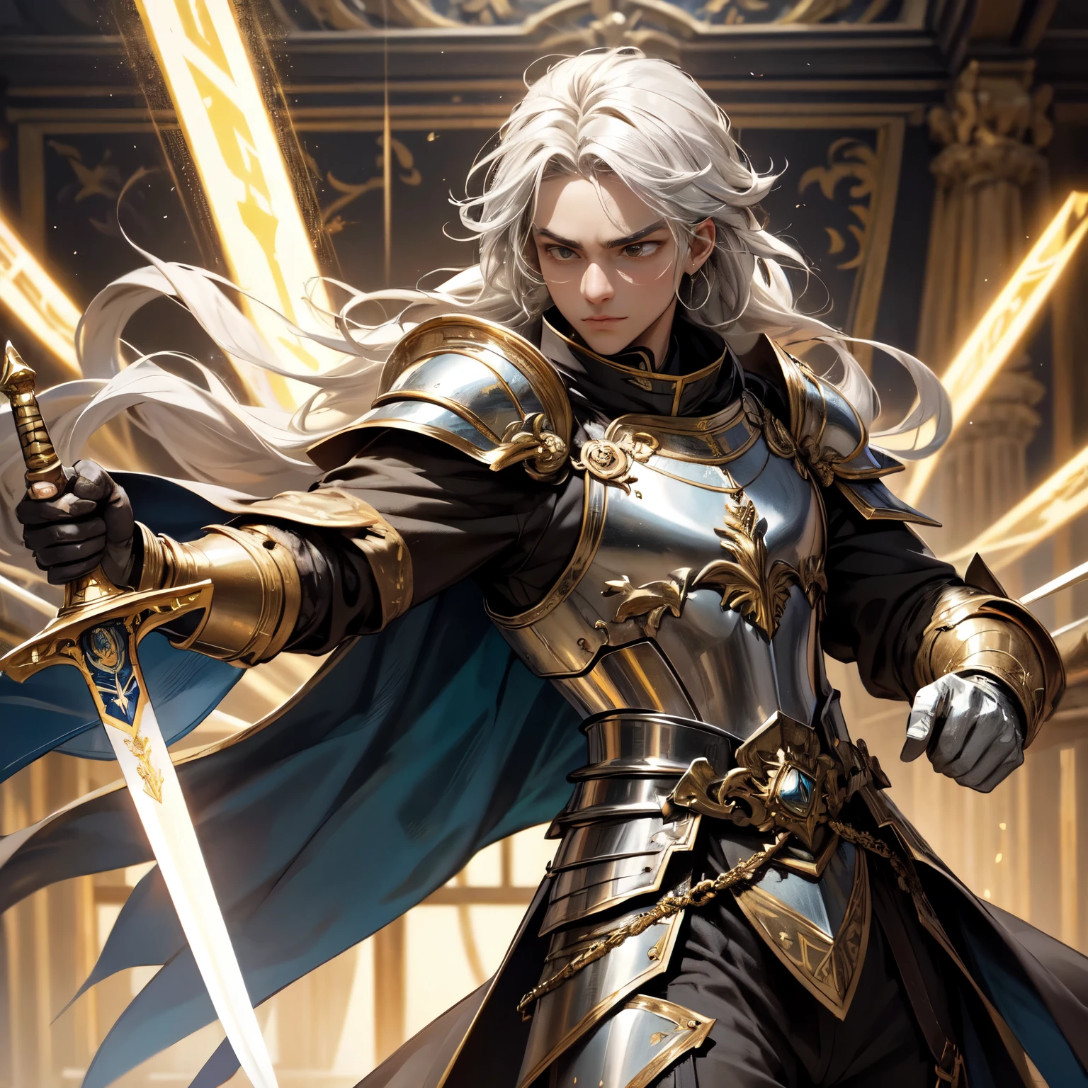 Crie uma imagem digital ultra HD de 8K de um nobre cavaleiro sagrado do rei. Ele tem cabelos castanhos escuros, curtos e bem cuidados, e olhos azuis profundos. His armor is shining silver, adorned with gold details and royal insignia. Uma capa azul real com bordados dourados desce de seus ombros. In the weapons hall, o cavaleiro empunha a Espada de Zeus. The sword is made of celestial gold and emits golden rays, with divine inscriptions along the blade that shine brightly. The hilt of the sword is adorned with small rays and lightning., simbolizando seu poder supremo. He holds the sword in an inspection pose, pronto para usar seu poder supremo, while electric sparks dance around you. The Sword of Zeus is known for its ability to control thunder and lightning, e uma aura de poder divino emana dela. The weapons hall is impressive, with rows of armor and weapons arranged on display. Escudos, swords and spears from various eras are arranged along the walls. Tapestries depicting glorious battles adorn the space, and oil lamps illuminate the scene with a soft light. The image must capture the grandeur and tradition of the weapons hall, highlighting the knight&#39;s interaction with the Sword of Zeus.