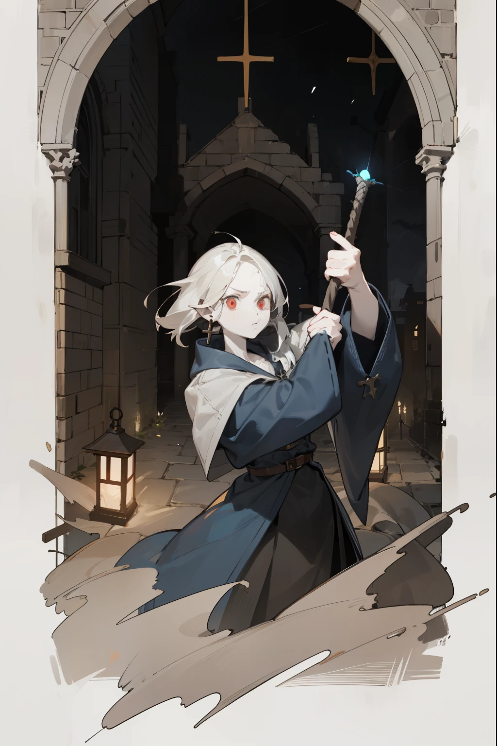 white-haired girl，short term, side bangs, gray skin, Red eyes, cross earring, occultist outfit, dagger in hand, full height, dynamic pose, attentive serious look, night, The light from the lantern, against the backdrop of a medieval street and dark gates