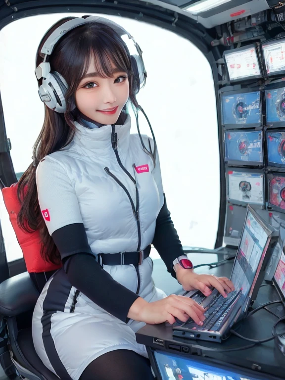 masterpiece, highest quality, Very detailed, 8K Portrait,Japanese Android Girl,plump , Control panel,Robotic arms and legs, Blunt bangs,,break (Metallic Gray, Metallic luster, Mirror finish, Astro Best):5,headphone:5,break (Black sleeves):100,Smart Watches,Futuristic space station,Control Room,break headphone,blue eyes,(Black Hair):2,(Long Hair):1.3,View the viewer,(respirator),break blush:3,Hidden Hand,smile