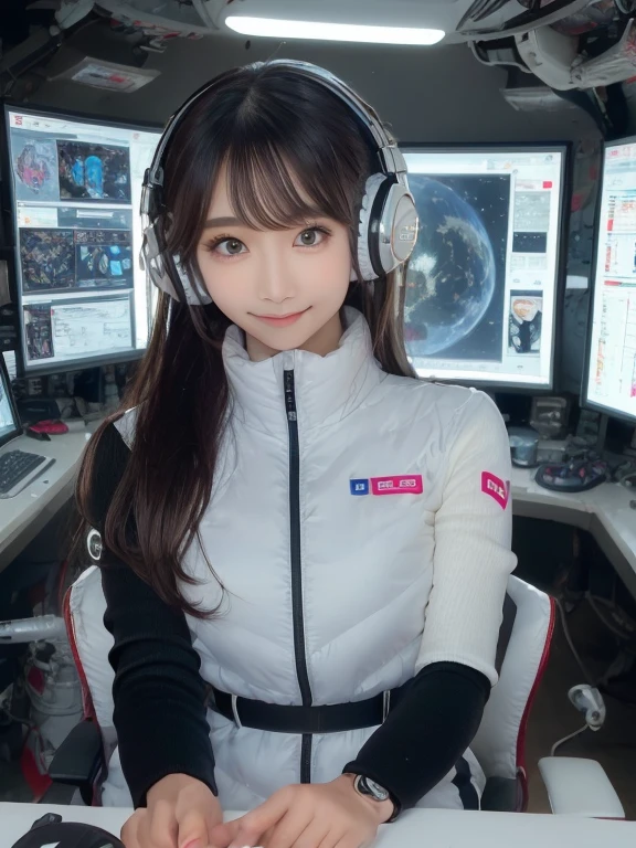 masterpiece, highest quality, Very detailed, 8K Portrait,Japanese Android Girl,plump , Control panel,Robotic arms and legs, Blunt bangs,,break (Metallic Gray, Metallic luster, Mirror finish, Astro Best):5,headphone:5,break (Black sleeves):100,Smart Watches,Futuristic space station,Control Room,break headphone,blue eyes,(Black Hair):2,(Long Hair):1.3,View the viewer,(respirator),break blush:3,Hidden Hand,smile