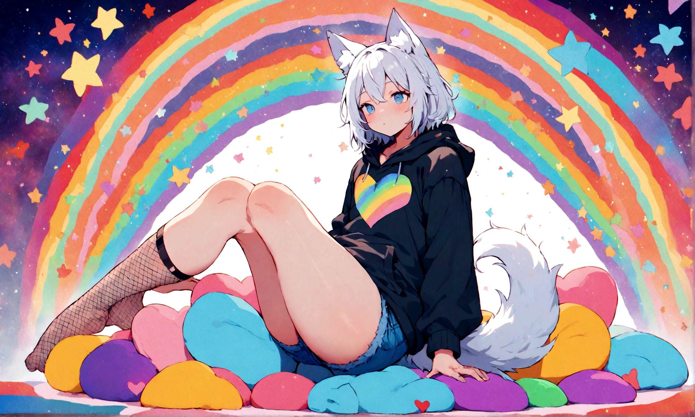 a cute adult male with wolf ears, white hair, has a wolf tail, wearing a loose cropped oversized black hoodie, wearing a pair of denim short shorts and fishnet stockings, thick thighs, wide hips, relaxing on mound of fluffy multi colored kawaii plushies, short, very slim, showing slender tummy, stretching out, heart on hoodie, squishy thighs, has glowing blue eyes. alone, solo (ALONE)(SOLO), surrounded by rainbows, colorful galaxy backround